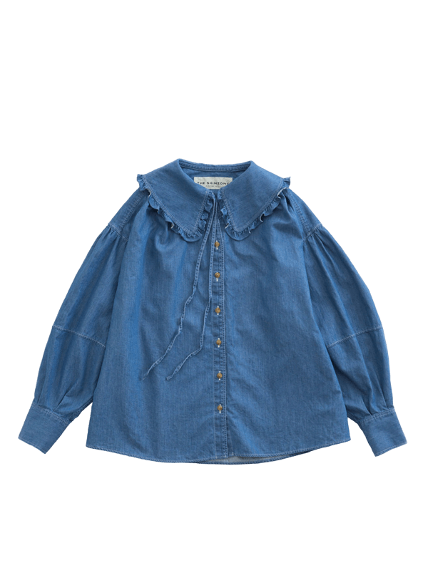 オーガニック コットン ビッグカラー ギャザー ブラウス “ORGANIC COTTON GAUZE / DENIM BLOUSE” 24amsbl01-02